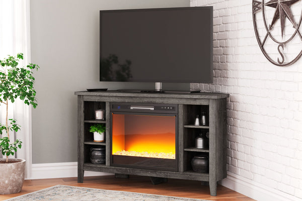 With its replicated weathered oak finish and authentic charm, this corner TV stand with electric fireplace is right in tune with your relaxed approach to high style. Beautifully shaped to nestle into any corner, itâ€™s well equipped with adjustable and fi