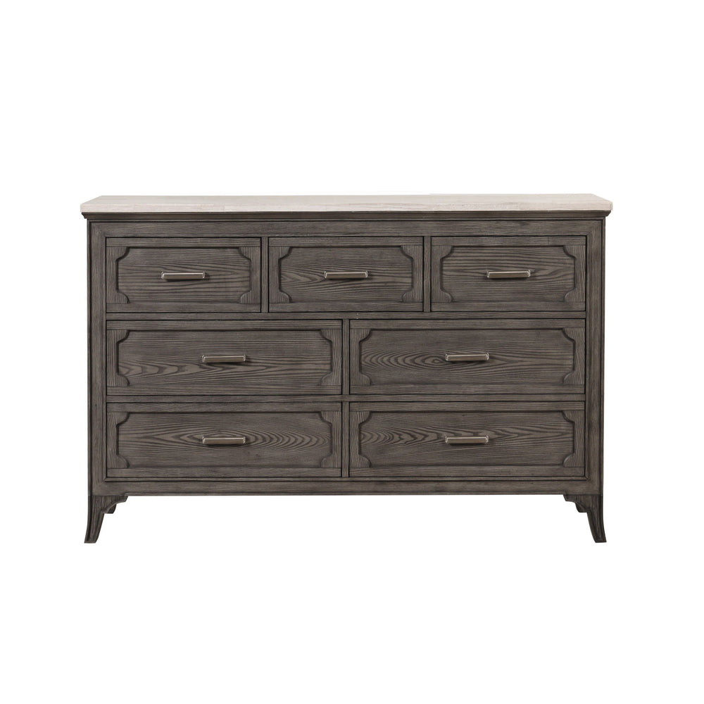 Add a touch of luxury to your bedroom with the Lisbon Marble Top Dresser in Gray. Crafted from Acacia solid wood and eco-friendly embossed oak laminate, this dresser ensures lasting strength and durability. Its multi-step gray finish enhances the natural 