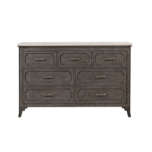  this dresser ensures lasting strength and durability. Its multi-step gray finish enhances the natural 