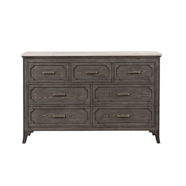  this dresser ensures lasting strength and durability. Its multi-step gray finish enhances the natural 