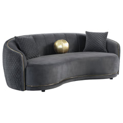 Encourage sophisticated aesthetics with the refined silhouette and gorgeous gold trim featured on a modern sofa. Upholstered in dark gray, it boasts a gently curved kidney silhouette that creates a rich, inviting ambiance in your living room. Its sloping 