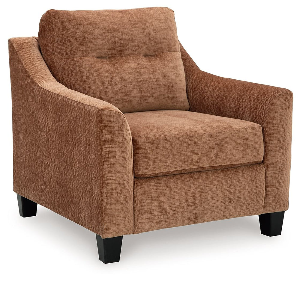 Urban contemporary meets mid century (with a pop of trend-right color) in this chair. Supremely soft upholstery, teeming with luster and movement, finesses the piece with just the right touch. Gently flared arms and tufted back cushions let you bask in th