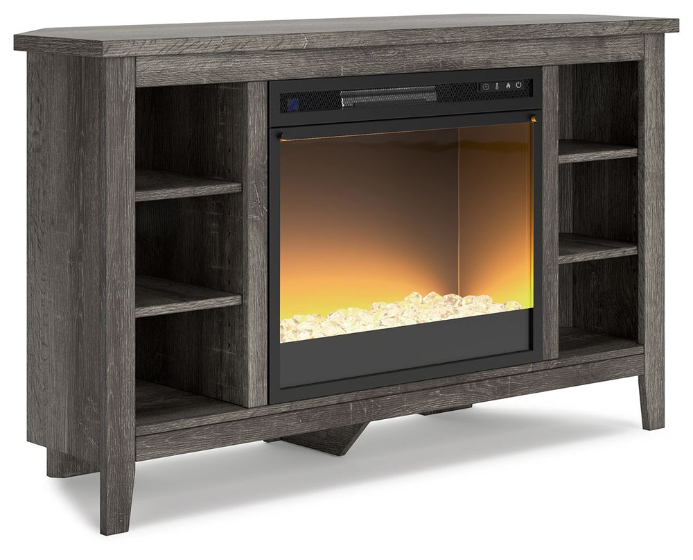 With its replicated weathered oak finish and authentic charm, this corner TV stand with electric fireplace is right in tune with your relaxed approach to high style. Beautifully shaped to nestle into any corner, itâ€™s well equipped with adjustable and fi