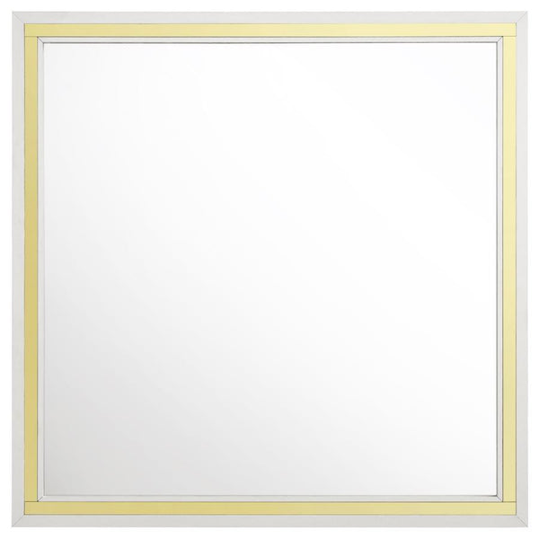  squared silhouette complete with a crisp white finish. Gleaming gold finish trim augments the front of the frame