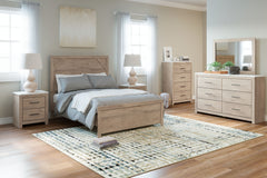 Cool, clean and casually modern. This panel bedroomâ€™s light natural finish sets the tone for your calming sanctuary. Framed elements and cross-brace accents add dimension and authenticity to the bedâ€™s simply stunning profile. <h4><b>Senniberg - Light 
