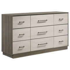 Introduce a blend of modern style and practical functionality to your bedroom with this sophisticated nine-drawer dresser. The contemporary two-tone melamine design offers a chic aesthetic, while the ample storage space ensures your belongings are neatly 