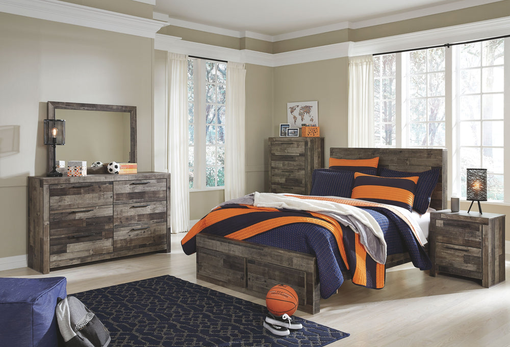 Rustic butcher block finish over replicated pine grain with authentic touch. Cases feature a framed front and pilasters. Bed features a thick and heavy design. Contemporary handles in an antiqued gunmetal finish. Side roller glides for smooth operating dr