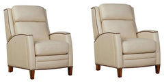 The Vermont power recliner offers a luxurious and effortless power pushback recline feature, allowing you to easily find the most comfortable position for relaxation. It is upholstered in soft leather with custom matching and features decorative nail head
