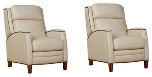 The Vermont power recliner offers a luxurious and effortless power pushback recline feature, allowing you to easily find the most comfortable position for relaxation. It is upholstered in soft leather with custom matching and features decorative nail head