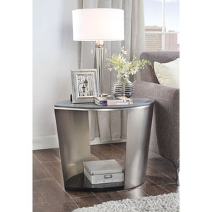 KD, Drum End Table â€¢ Storage: Open Compartment (Bottom Shelf) â€¢â€¢ CONSTRUCTION â€¢â€¢ Top: 8mm Tempered Glass with Printed Faux Stone (Fixed Top/No Apron) â€¢ Metal Drum Frame: Satin Plated Finish, Metal Tube, Base Size: 21 Inches Height (531mm)<br/>