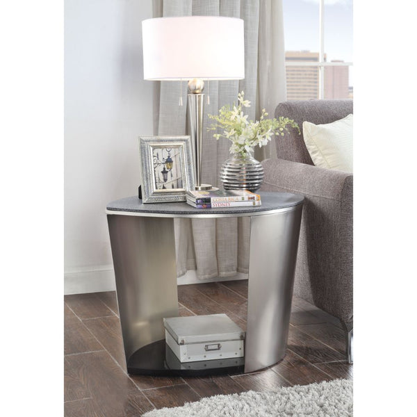 KD, Drum End Table â€¢ Storage: Open Compartment (Bottom Shelf) â€¢â€¢ CONSTRUCTION â€¢â€¢ Top: 8mm Tempered Glass with Printed Faux Stone (Fixed Top/No Apron) â€¢ Metal Drum Frame: Satin Plated Finish, Metal Tube, Base Size: 21 Inches Height (531mm)<br/>
