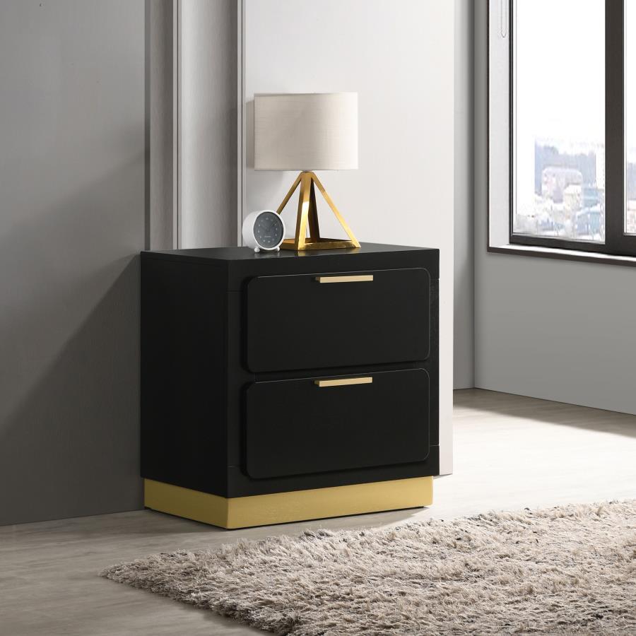 Put the finishing touches on a chic bedroom with a modern two-drawer nightstand. In black with metallic gold embellishments, it-'s the perfect solution for nighttime storage. Drawer fronts feature rounded corners for a softened look and feel. Use the top 