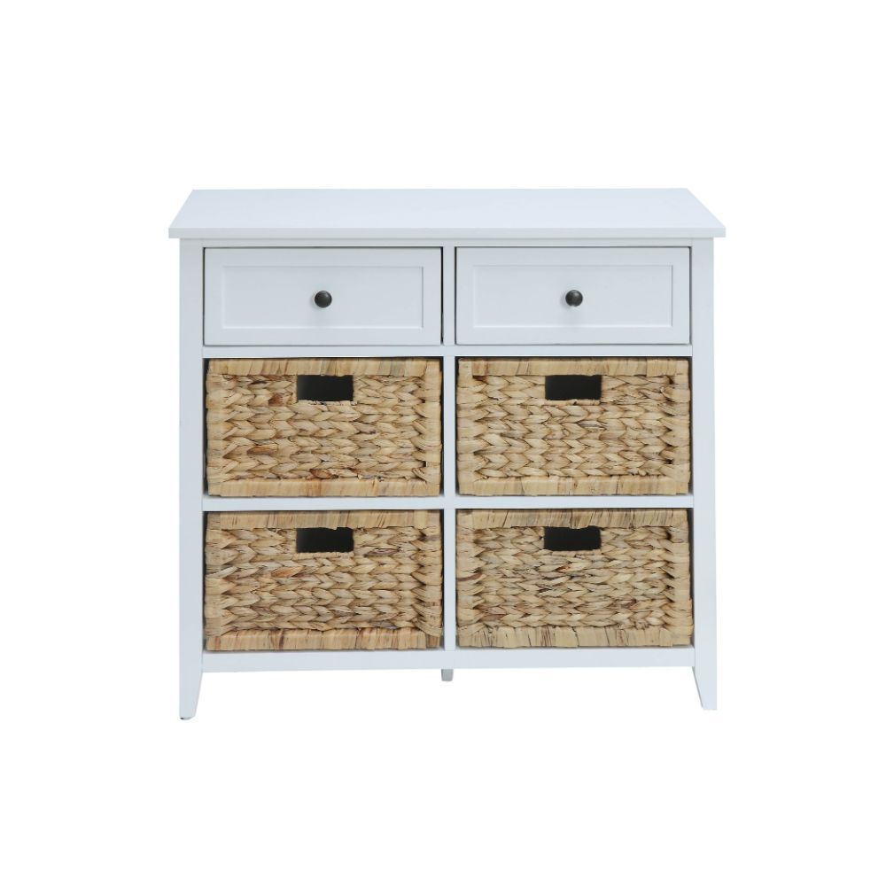 Get exceptional value on this transitional Filbert chest. Featuring a rich finish, the drawers and open compartment spaces give plenty of room for storage. The table looks great with or without the included wicker crate baskets.Â Some Assembly Required.<b