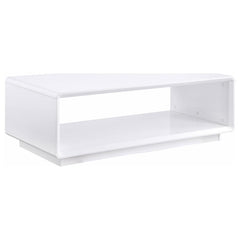 This rectangular coffee table exudes a sleek, modern aesthetic, thanks to a pristine white high gloss finish over engineered wood. Serving as a center table, cocktail table, or accent table, it introduces a clean, low table silhouette. The open shelf prov