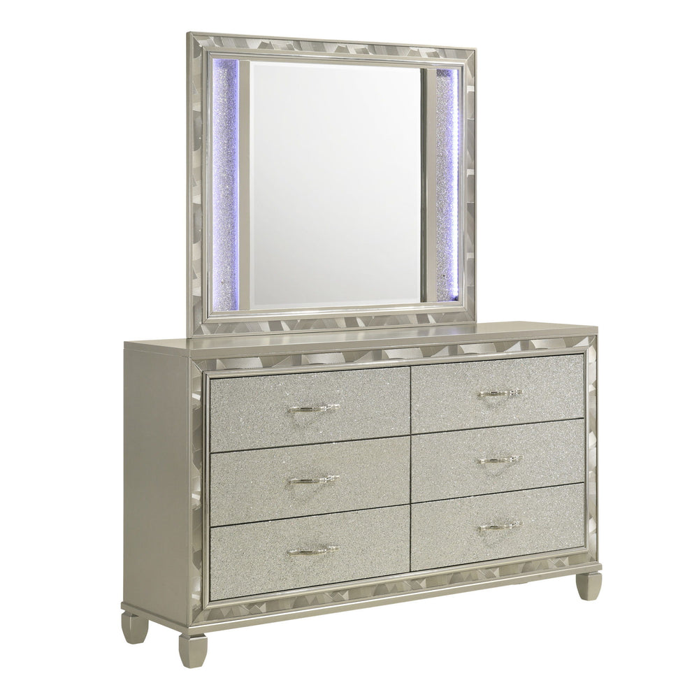 Introducing the Radiance Lighted Mirror in Platinum Silver, meticulously designed to complement the Radiance 6 Drawer Dresser. Crafted from a blend of Solid Rubberwood and engineered woods, this mirror ensures unparalleled stability and durability. Its se