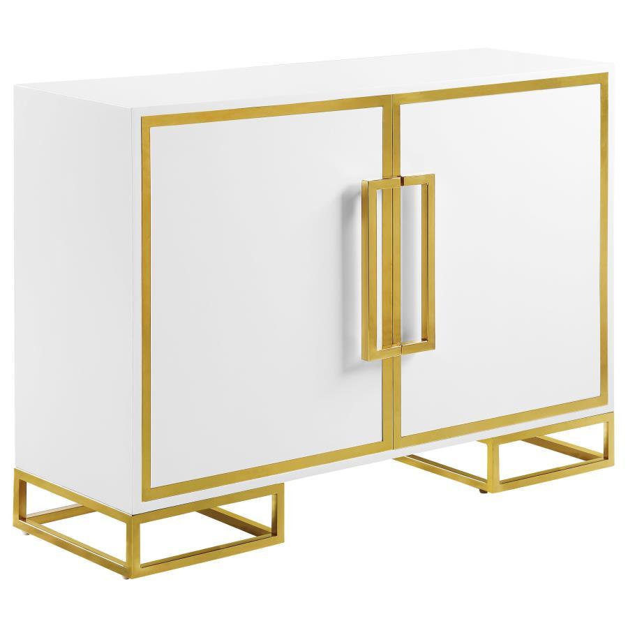 Add a bold statement piece to your space with this stunning modern accent cabinet. Featuring a glossy white finish with lustrous gold stainless steel trim, it showcases Art Deco flair with clean lines and geometric base supports. Behind double doors, adju