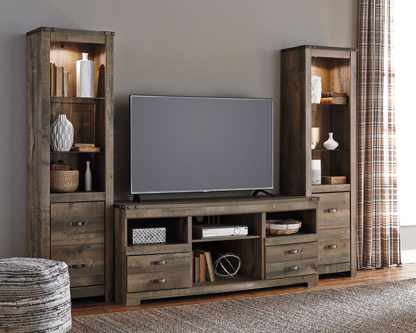 Entertain a rugged yet refined sense of style with this entertainment center. Warm finish and plank-style details pay homage to reclaimed barn wood, while the metal banding with nailhead accents infuses a touch of industrial cool. Ultra clean lines ensure
