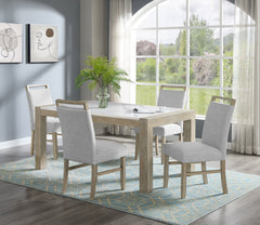 This dining set offers a clean, modern look with its sleek lines and neutral tones. The sturdy table with a genuine marble top is both stylish and timeless, paired with comfortable chairs and a matching bench that provide ample seating for family and frie