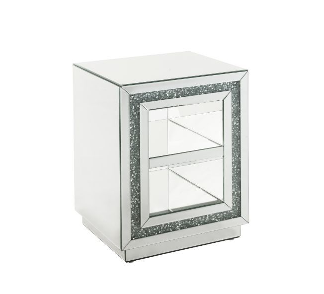Make a striking statement in your home with this Noralie End Table. Featuring mirror finish with faux diamond inlay, it creates a bold, yet elegant textured look. Shimmering border design with faux diamonds adds modern glamour to this piece. Two tier shel