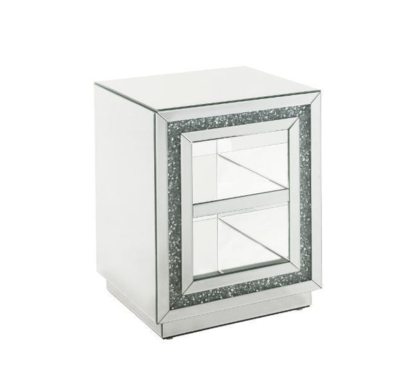 Make a striking statement in your home with this Noralie End Table. Featuring mirror finish with faux diamond inlay, it creates a bold, yet elegant textured look. Shimmering border design with faux diamonds adds modern glamour to this piece. Two tier shel