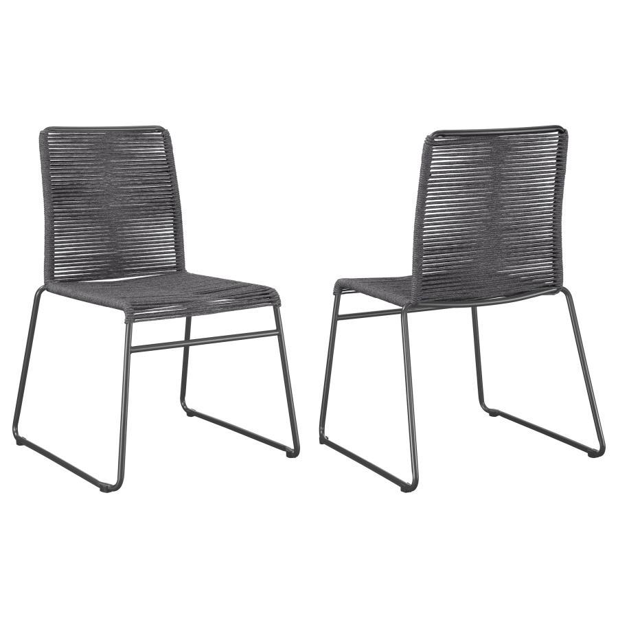 Lend a space a little texture with this contemporary rope woven chair. Designed with a sleek metal frame, a homopolymer rope weaves its way around the backrest and seat, offering a comfortable place to rest. The metal frame is made with a powder coated fi