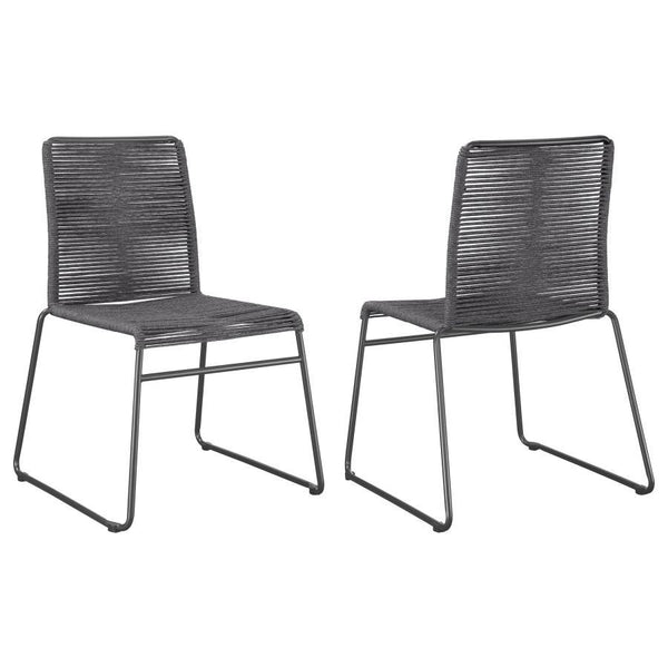 Lend a space a little texture with this contemporary rope woven chair. Designed with a sleek metal frame, a homopolymer rope weaves its way around the backrest and seat, offering a comfortable place to rest. The metal frame is made with a powder coated fi