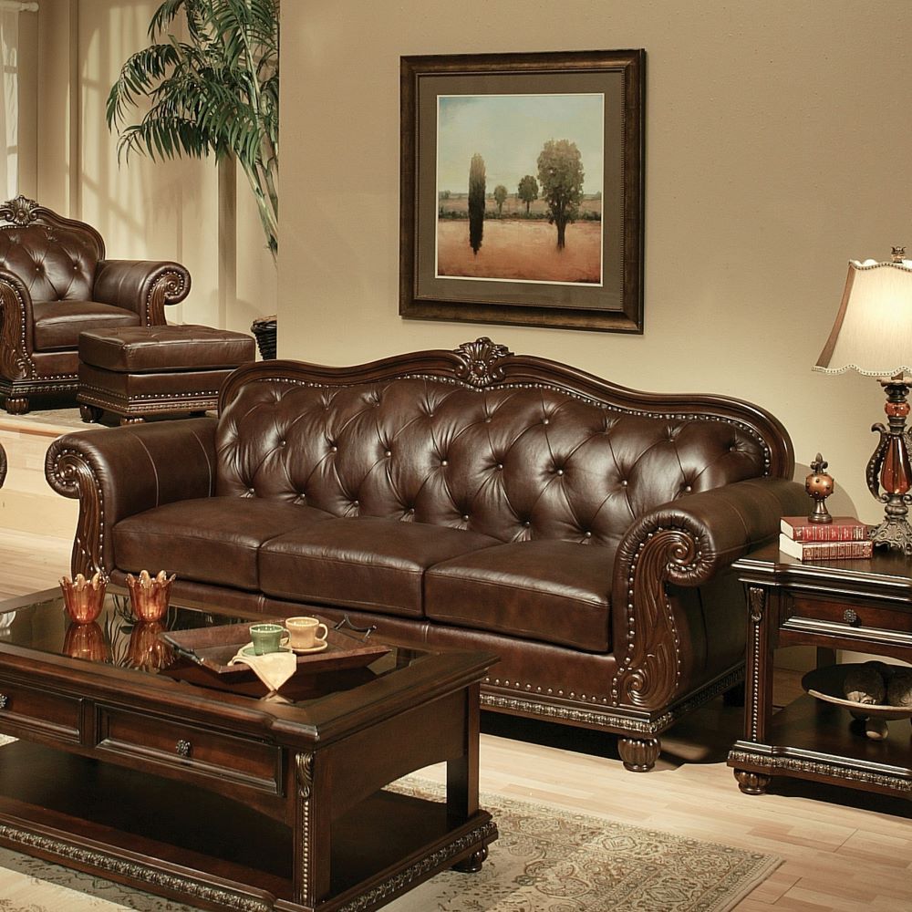 The Anondale collection reflects completely classic and elegant style, expertly crafted with rich espresso top grain leather match upholstery. Includes classic features button tufted back, generous rolled armrests, decorative molding trim and oversized se