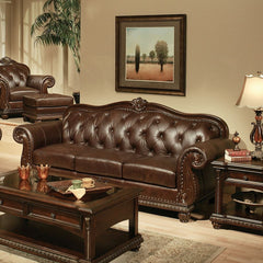 The Anondale collection reflects completely classic and elegant style, expertly crafted with rich espresso top grain leather match upholstery. Includes classic features button tufted back, generous rolled armrests, decorative molding trim and oversized se