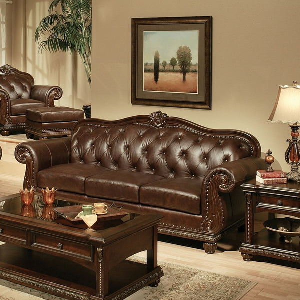 The Anondale collection reflects completely classic and elegant style, expertly crafted with rich espresso top grain leather match upholstery. Includes classic features button tufted back, generous rolled armrests, decorative molding trim and oversized se