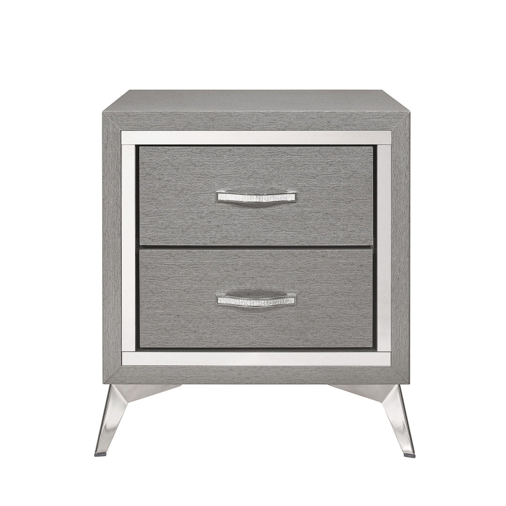 The Huxley 2-Drawer Nightstand in Gray combines contemporary glam with durable construction, making it a perfect addition to any modern bedroom. This nightstand is carefully crafted from manufactured woods and eco-friendly decorative laminate, ensuring it