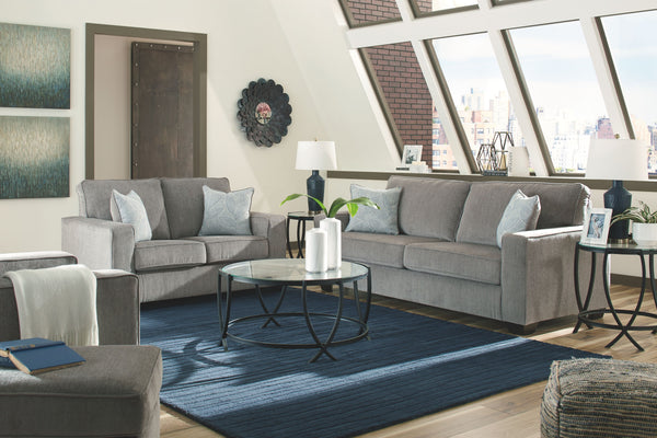 If style is the question, then this striking living room set is the answer. Rest assured, this set in richly neutral alloy is sure to play well with so many color schemes. <h4><b>Altari - Alloy - Sofa</b></h4> <table width=-"100%-"><colgroup><col style=-"