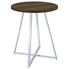 Host your closest friends around this contemporary bar table. Designed with a round, brown oak finished top, this sleek modern bar table invites you stand and converse around or pull up a coordinating rustic-inspired bar stool. Slim metal bars in a bright