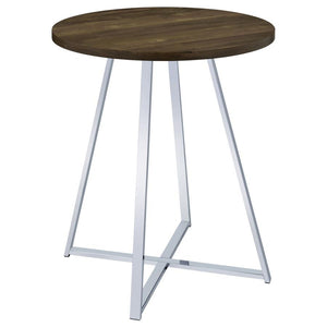 Host your closest friends around this contemporary bar table. Designed with a round, brown oak finished top, this sleek modern bar table invites you stand and converse around or pull up a coordinating rustic-inspired bar stool. Slim metal bars in a bright