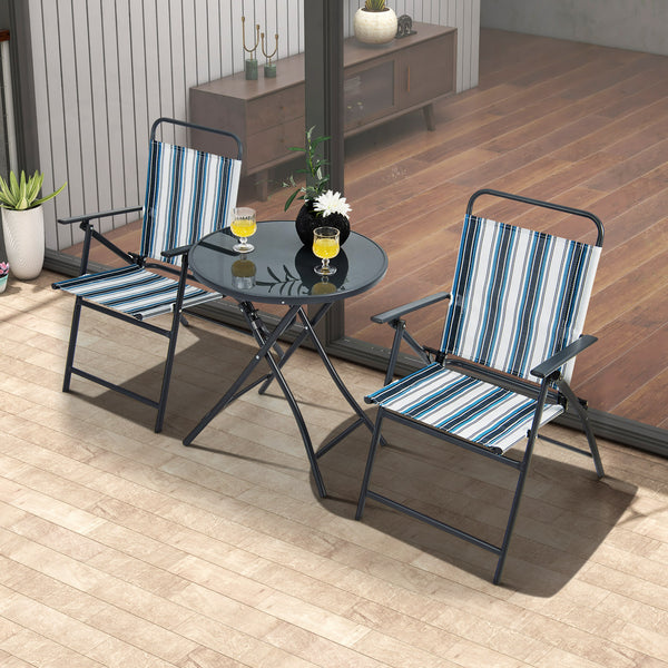 Chairs with comfortable armrests and breathable seat fabric for more comfort<br>Table and chairs are foldable for much convenience<br>Fixing buckle avoids accidental folding<br>Round table makes items easy to take<br>Heavy-duty metal frame for high stabil