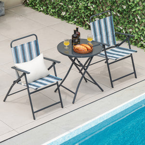 Chairs with comfortable armrests and breathable seat fabric for more comfort<br>Table and chairs are foldable for much convenience<br>Fixing buckle avoids accidental folding<br>Round table makes items easy to take<br>Heavy-duty metal frame for high stabil