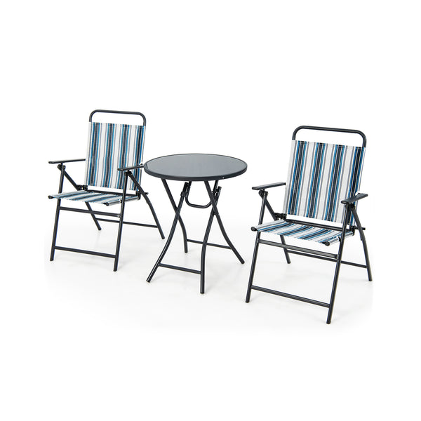 Chairs with comfortable armrests and breathable seat fabric for more comfort<br>Table and chairs are foldable for much convenience<br>Fixing buckle avoids accidental folding<br>Round table makes items easy to take<br>Heavy-duty metal frame for high stabil