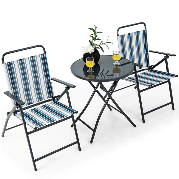 Chairs with comfortable armrests and breathable seat fabric for more comfort<br>Table and chairs are foldable for much convenience<br>Fixing buckle avoids accidental folding<br>Round table makes items easy to take<br>Heavy-duty metal frame for high stabil