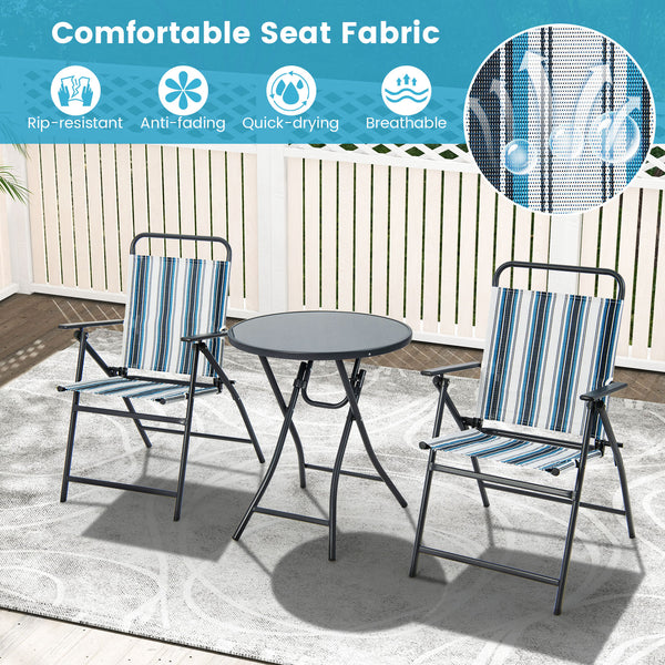 Chairs with comfortable armrests and breathable seat fabric for more comfort<br>Table and chairs are foldable for much convenience<br>Fixing buckle avoids accidental folding<br>Round table makes items easy to take<br>Heavy-duty metal frame for high stabil