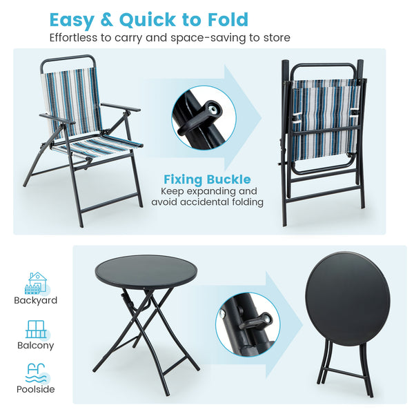 Chairs with comfortable armrests and breathable seat fabric for more comfort<br>Table and chairs are foldable for much convenience<br>Fixing buckle avoids accidental folding<br>Round table makes items easy to take<br>Heavy-duty metal frame for high stabil