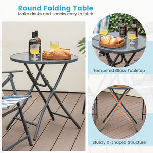 Chairs with comfortable armrests and breathable seat fabric for more comfort<br>Table and chairs are foldable for much convenience<br>Fixing buckle avoids accidental folding<br>Round table makes items easy to take<br>Heavy-duty metal frame for high stabil