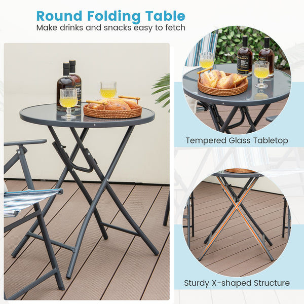 Chairs with comfortable armrests and breathable seat fabric for more comfort<br>Table and chairs are foldable for much convenience<br>Fixing buckle avoids accidental folding<br>Round table makes items easy to take<br>Heavy-duty metal frame for high stabil