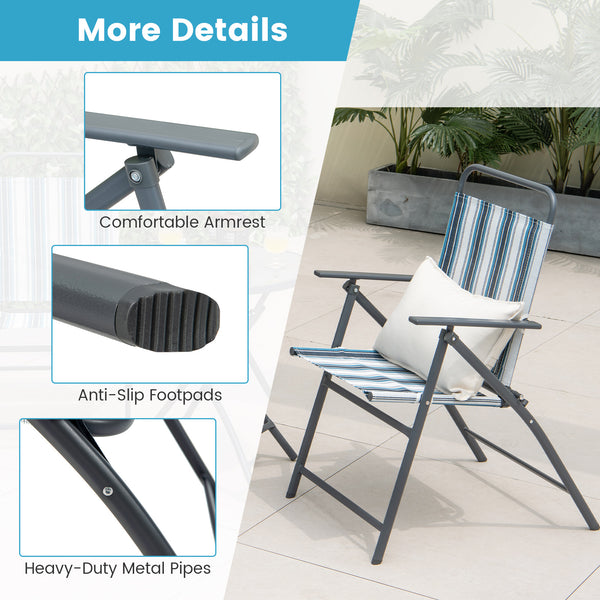 Chairs with comfortable armrests and breathable seat fabric for more comfort<br>Table and chairs are foldable for much convenience<br>Fixing buckle avoids accidental folding<br>Round table makes items easy to take<br>Heavy-duty metal frame for high stabil