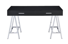 Simple, bold, and appealing, the Coleen Writing Desk will give your workplace a distinct look with contemporary style. The high gloss table top on trendy cross-base legs gives the desk a gorgeous and lustrous look. It has two storage drawers for your offi
