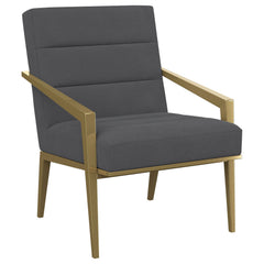 Restrained, modern style meets elegant artistry in a striking contemporary armchair. Designed to stand out, it boasts an upholstered seat and back with a metal frame and arms. The streamlined look receives a gleaming gold finish, adding sophistication any