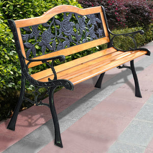 Consist of well-painted iron cast structure  solid wood seat and backrest frame  and PVC backrest pattern Come with a size of 49.5" x 20.5" x 30" and features a strong load-bearing capacity of up to 463 lbs Able to comfortably seat three medium-sized adul