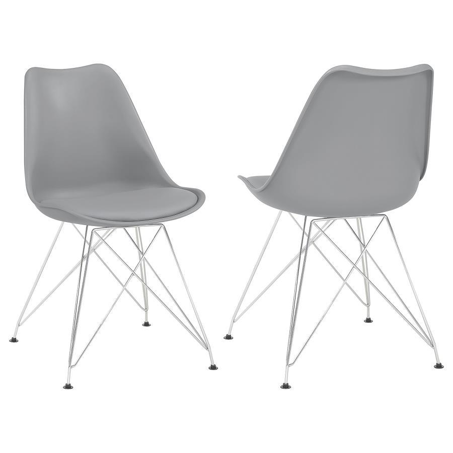 Designed with modern elegance in mind, this grey dining chair beautifully updates a contemporary home with its stylish silhouette and sleek materials. The seat and back are covered in smooth leatherette upholstery, adding a subtle textural appeal that pai
