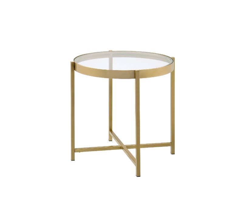 Simple design exhibits a real sense of style. The Charrot End Table has a tempered glass top with round shape design to give you a clean, spacious table top space. The lustrous gold finish showcases it-'s cross metal base and metal trim for a clean-lined,