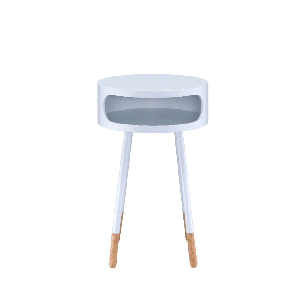 This Sonria round end table offers a contemporary take on a stylish retro design, ideal for your living room, family room, or bedroom! With its one shelf, you can conveniently store remote controls or other small items in the open compartment. The natural