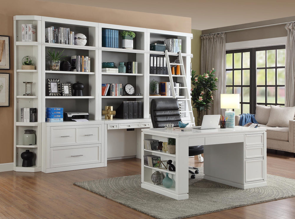 Create the ultimate workspace on a wall in your home. This arrangement boasts plenty of file storage and a workspace desk. Creating the appearance of built in cabinets is easier than ever with this modular collection.<br/><br/><b>Product Features</b><ul><