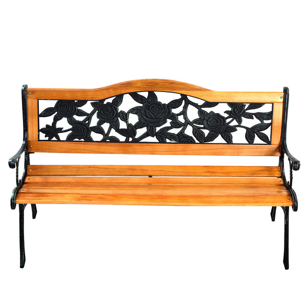 Consist of well-painted iron cast structure  solid wood seat and backrest frame  and PVC backrest pattern Come with a size of 49.5" x 20.5" x 30" and features a strong load-bearing capacity of up to 463 lbs Able to comfortably seat three medium-sized adul